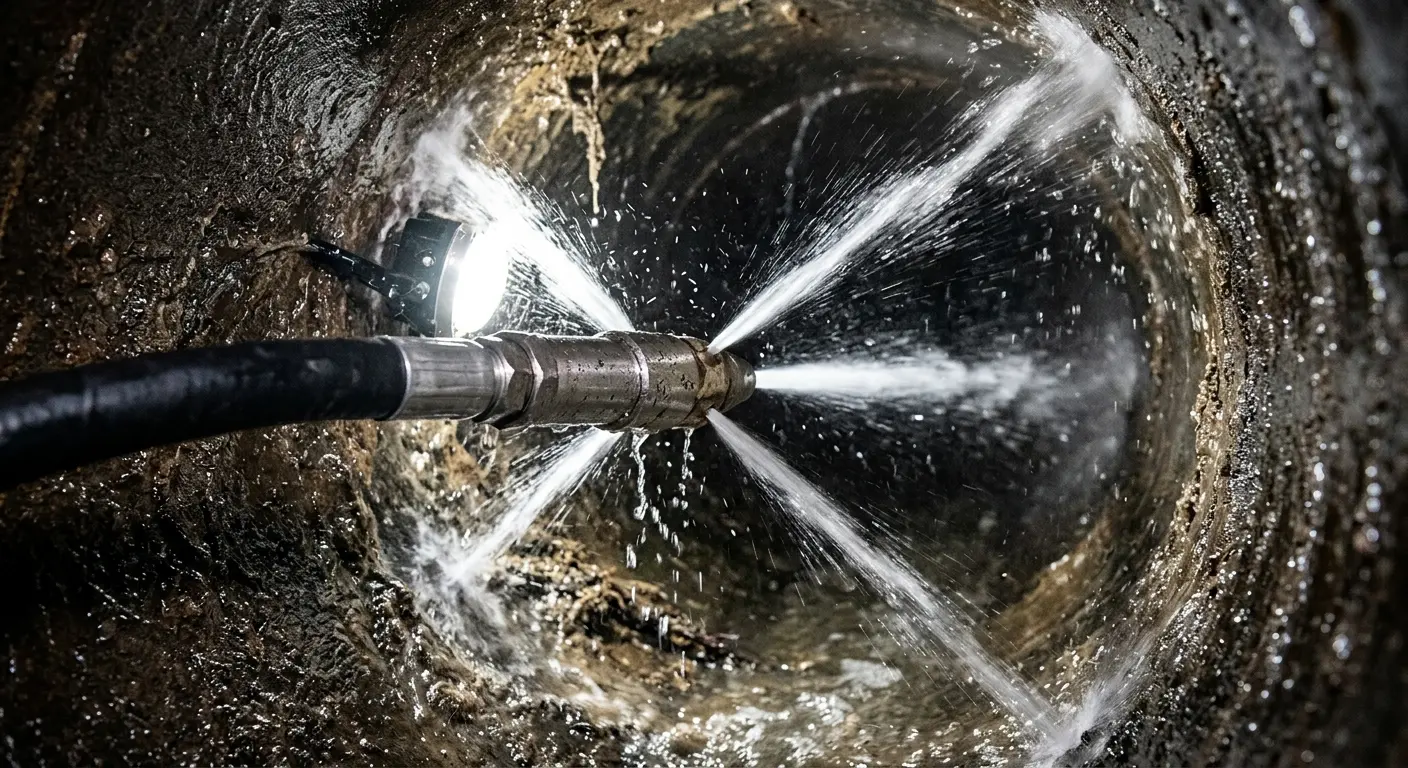 High-pressure hydro jetting nozzle cleaning sewer pipe for Emergency Drain Service in Lancaster