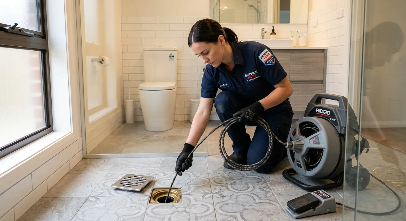 Technician clearing a bathroom floor drain for Drain Repair in Lancaster
